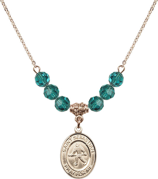 14kt Gold Filled Saint Sebastian/Field Hockey Birthstone Necklace with Zircon Beads - 8178