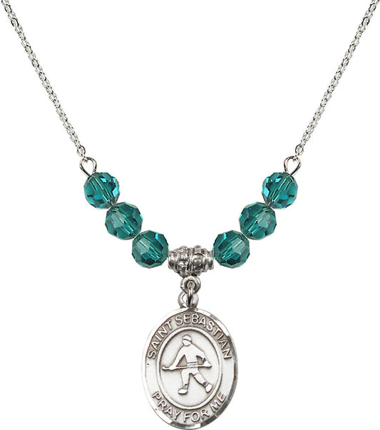 Sterling Silver Saint Sebastian/Field Hockey Birthstone Necklace with Zircon Beads - 8178