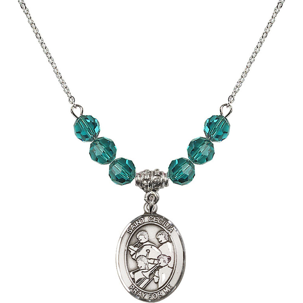 Sterling Silver Saint Cecilia / Marching Band Birthstone Necklace with Zircon Beads - 8179