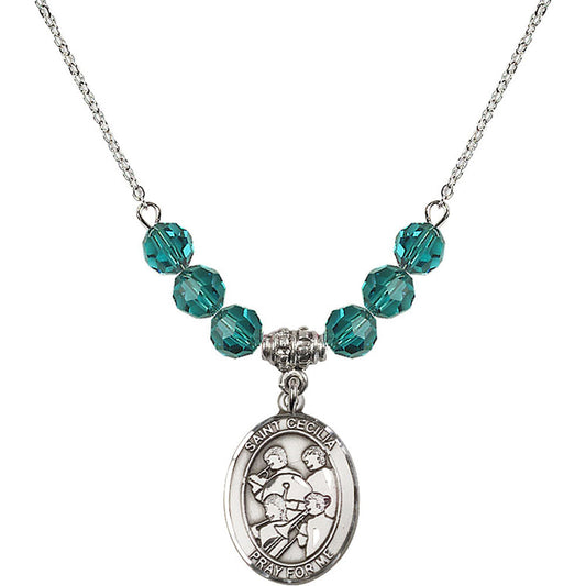 Sterling Silver Saint Cecilia / Marching Band Birthstone Necklace with Zircon Beads - 8179