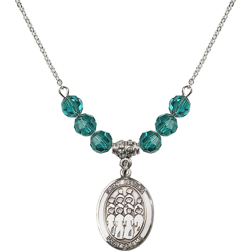 Sterling Silver Saint Cecilia / Choir Birthstone Necklace with Zircon Beads - 8180