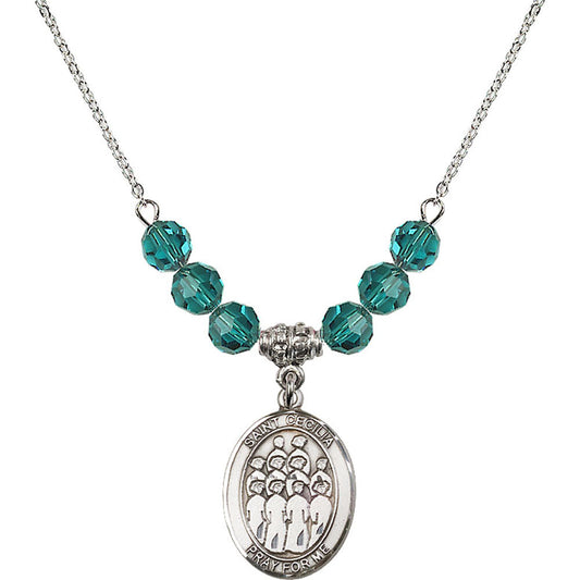 Sterling Silver Saint Cecilia / Choir Birthstone Necklace with Zircon Beads - 8180