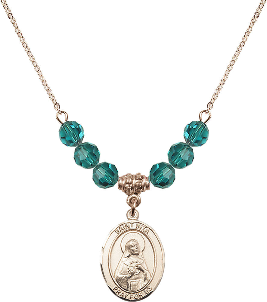 14kt Gold Filled Saint Rita / Baseball Birthstone Necklace with Zircon Beads - 8181