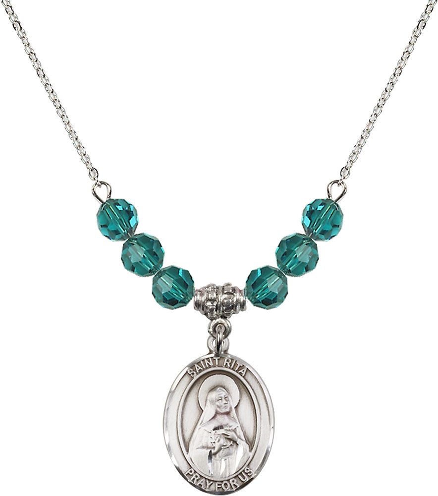 Sterling Silver Saint Rita / Baseball Birthstone Necklace with Zircon Beads - 8181