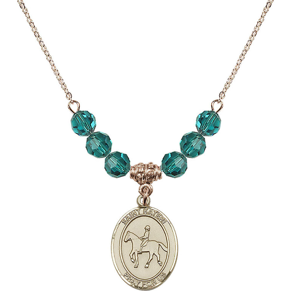 14kt Gold Filled Saint Kateri/Equestrian Birthstone Necklace with Zircon Beads - 8182