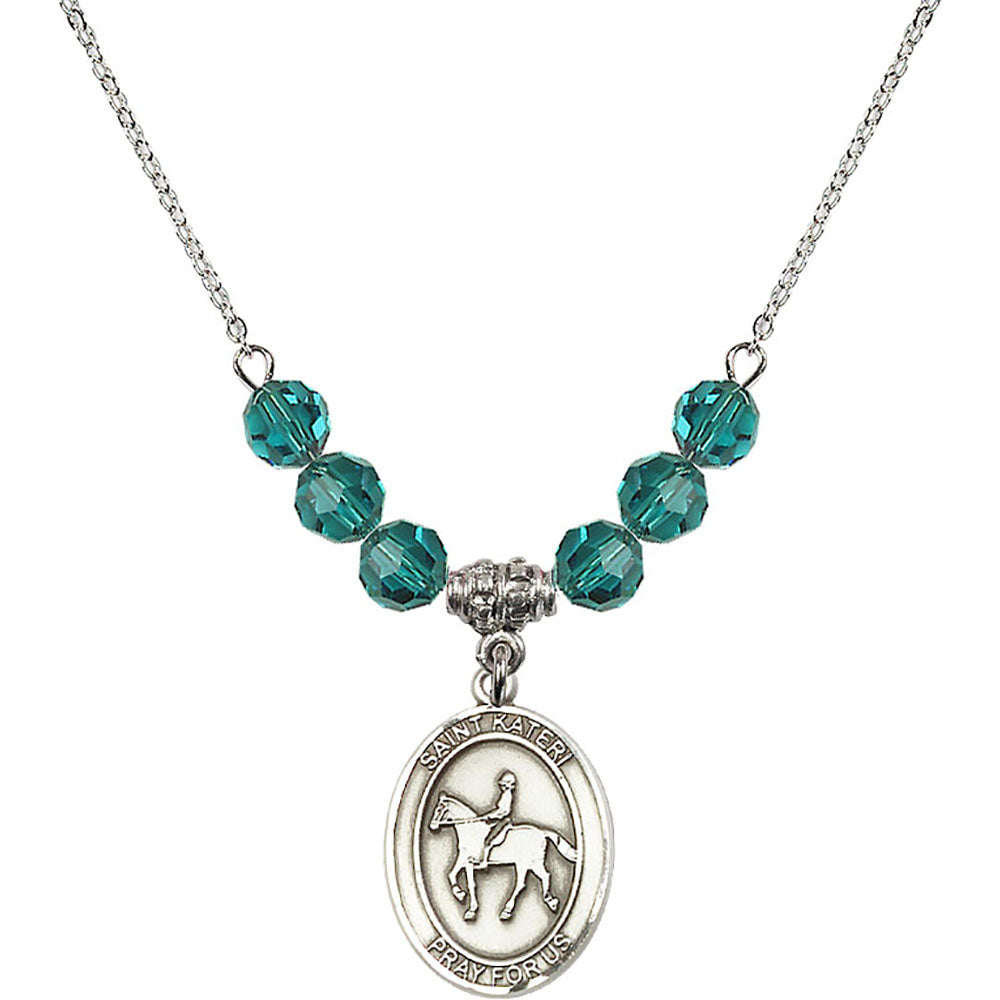Sterling Silver Saint Kateri/Equestrian Birthstone Necklace with Zircon Beads - 8182