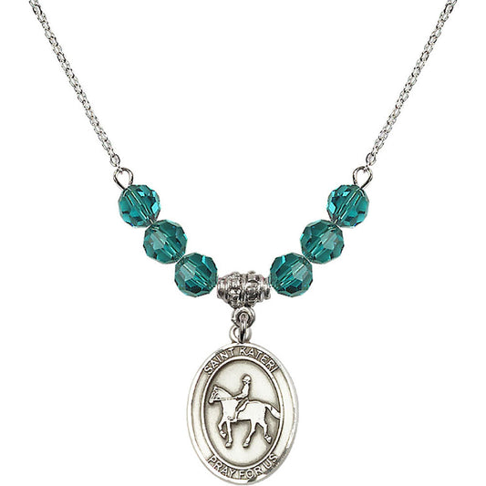 Sterling Silver Saint Kateri/Equestrian Birthstone Necklace with Zircon Beads - 8182