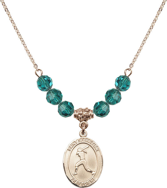 14kt Gold Filled Saint Sebastian / Softball Birthstone Necklace with Zircon Beads - 8183