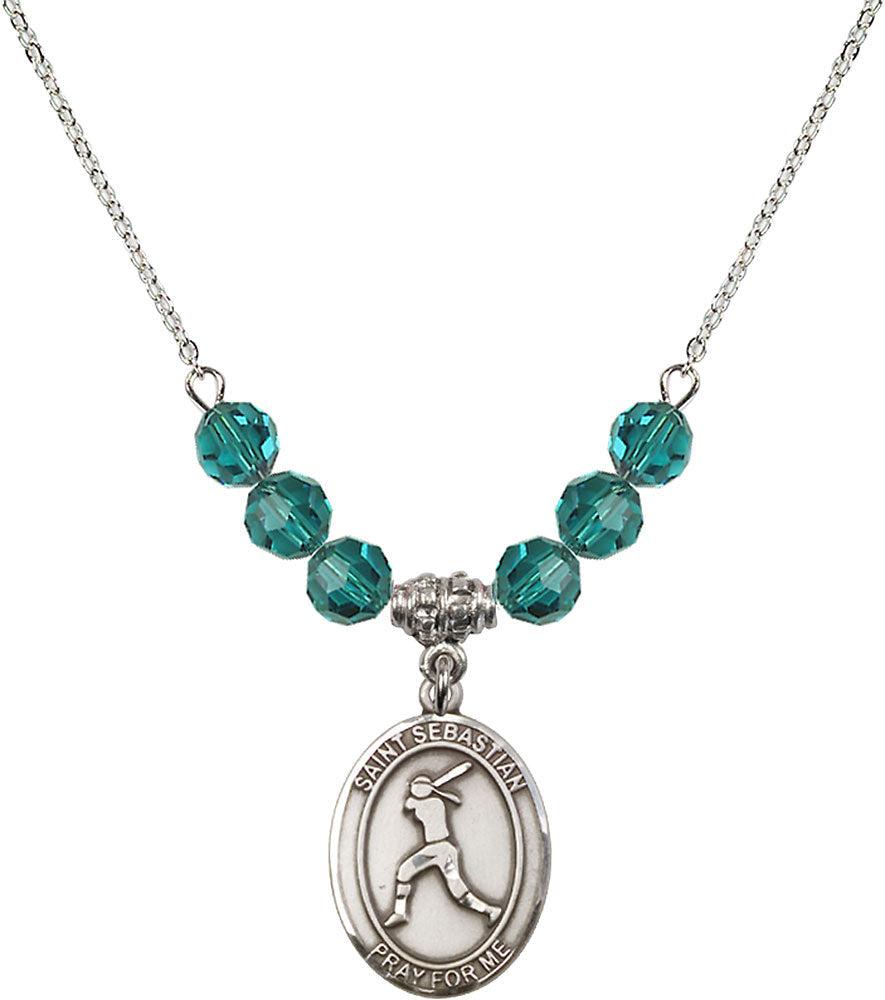 Sterling Silver Saint Sebastian / Softball Birthstone Necklace with Zircon Beads - 8183