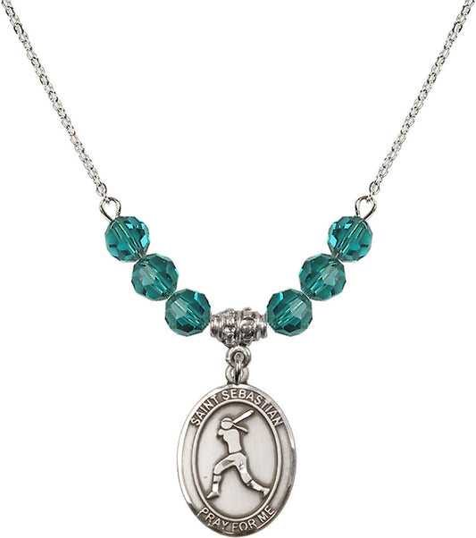 Sterling Silver Saint Sebastian / Softball Birthstone Necklace with Zircon Beads - 8183