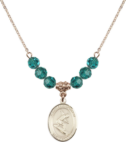 14kt Gold Filled Saint Christopher/Surfing Birthstone Necklace with Zircon Beads - 8184