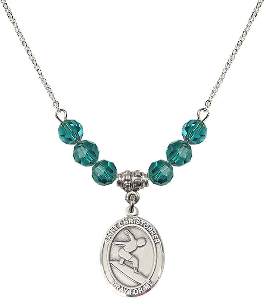 Sterling Silver Saint Christopher/Surfing Birthstone Necklace with Zircon Beads - 8184
