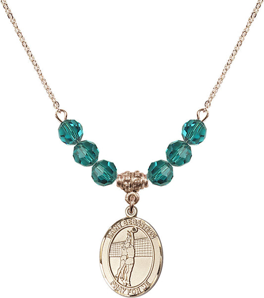 14kt Gold Filled Saint Sebastian / Volleyball Birthstone Necklace with Zircon Beads - 8186