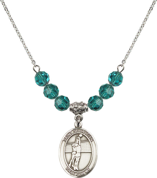 Sterling Silver Saint Sebastian / Volleyball Birthstone Necklace with Zircon Beads - 8186