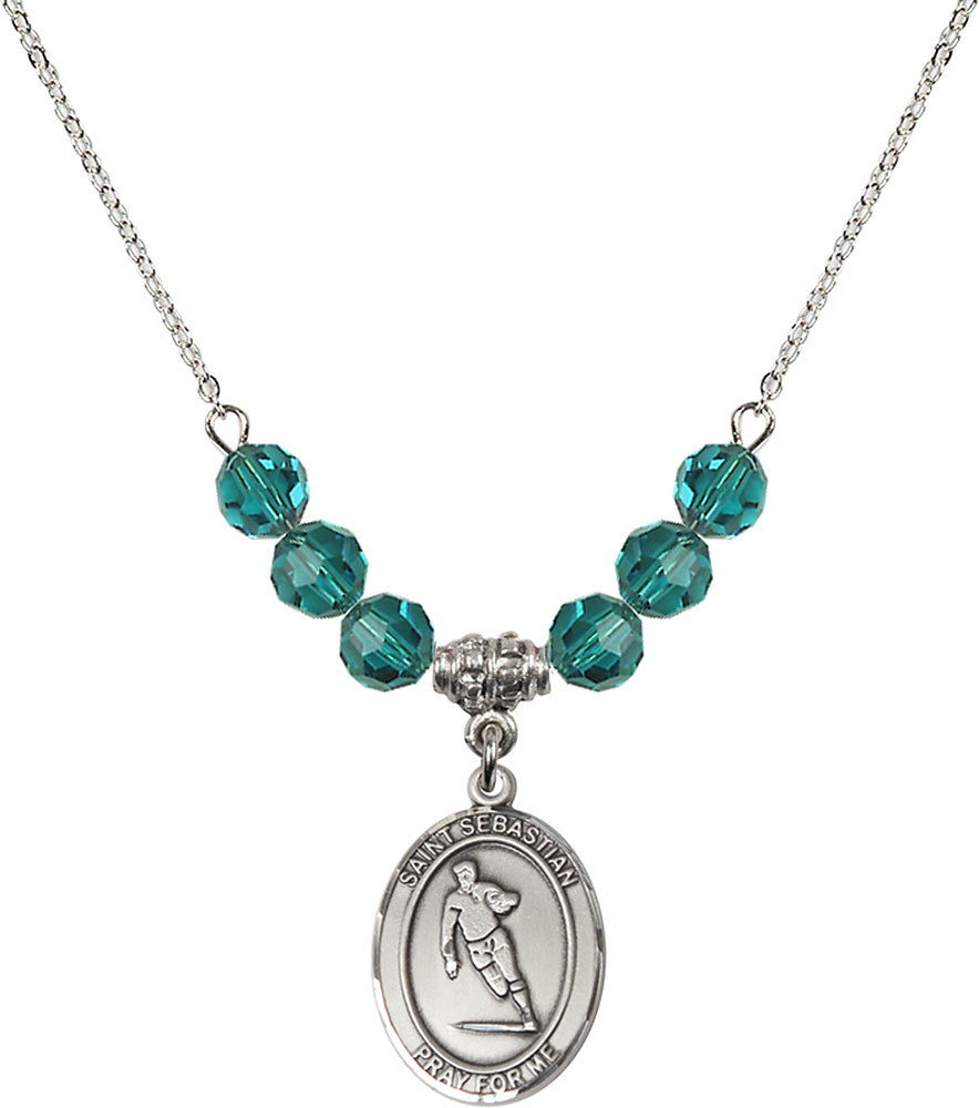 Sterling Silver Saint Sebastian / Rugby Birthstone Necklace with Zircon Beads - 8187