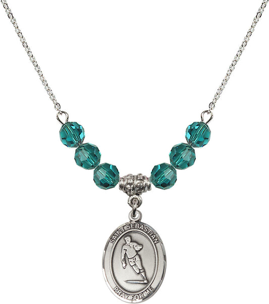 Sterling Silver Saint Sebastian / Rugby Birthstone Necklace with Zircon Beads - 8187
