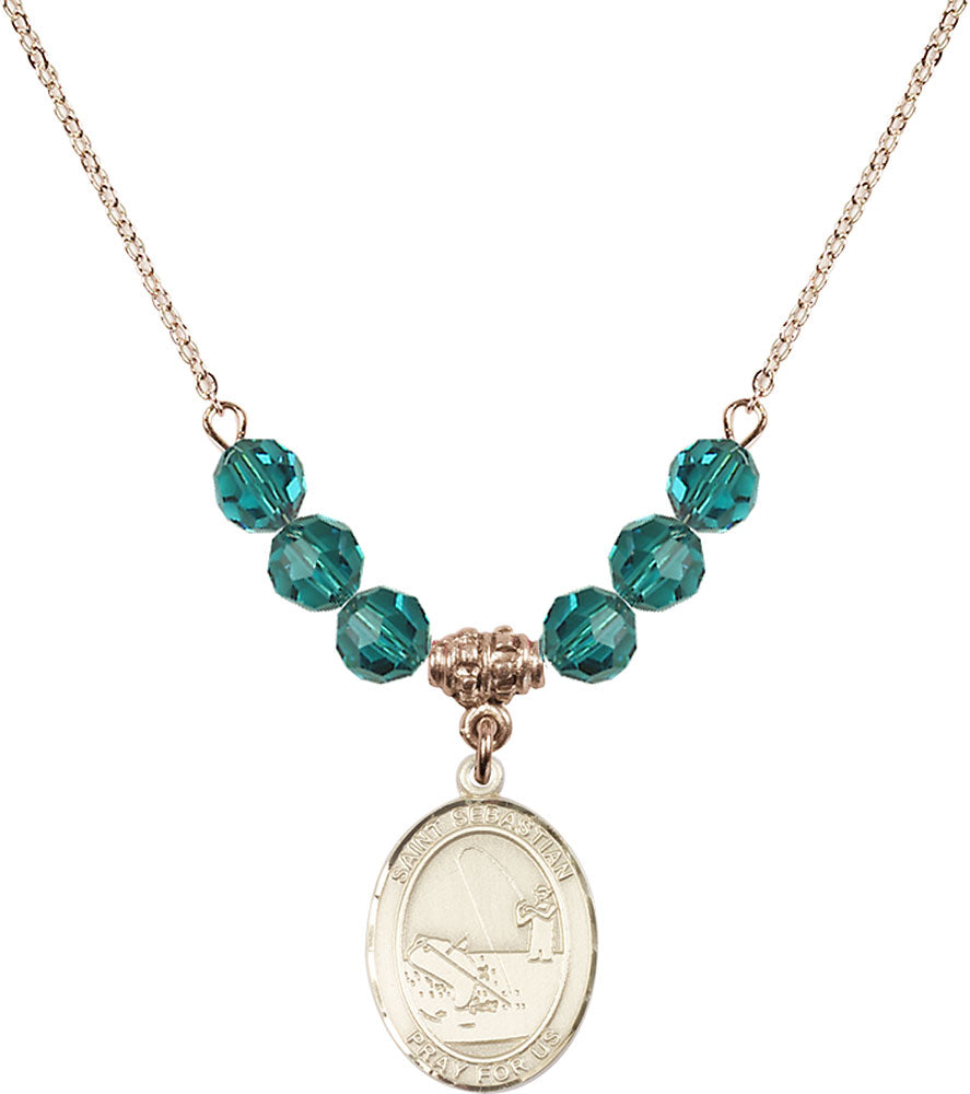 14kt Gold Filled Saint Sebastian / Fishing Birthstone Necklace with Zircon Beads - 8188
