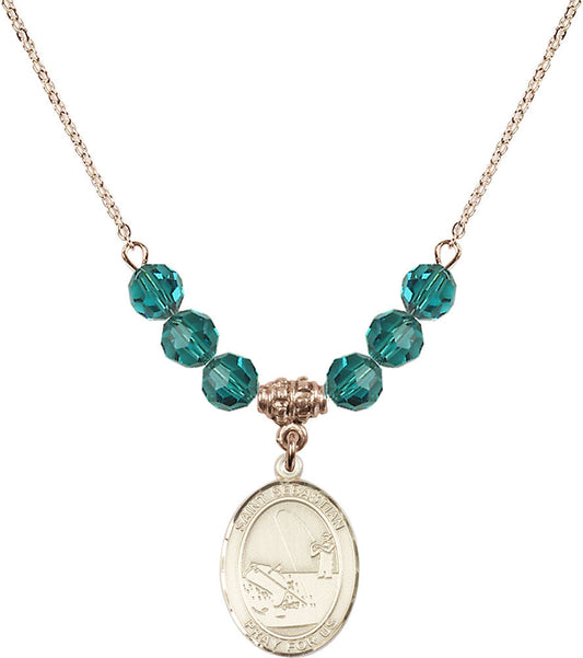 14kt Gold Filled Saint Sebastian / Fishing Birthstone Necklace with Zircon Beads - 8188