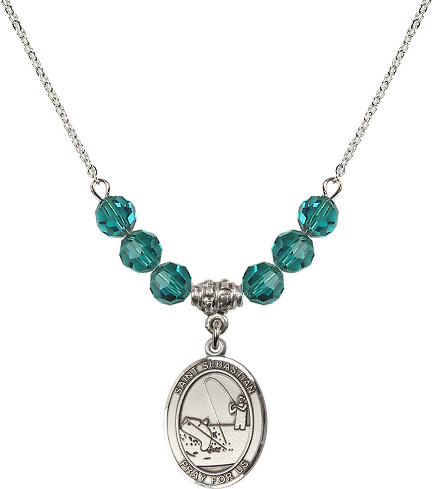 Sterling Silver Saint Sebastian / Fishing Birthstone Necklace with Zircon Beads - 8188