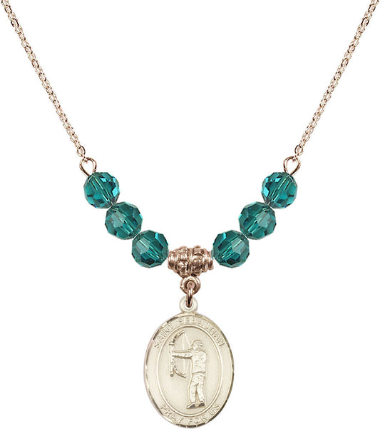 14kt Gold Filled Saint Sebastian / Archery Birthstone Necklace with Zircon Beads - 8189