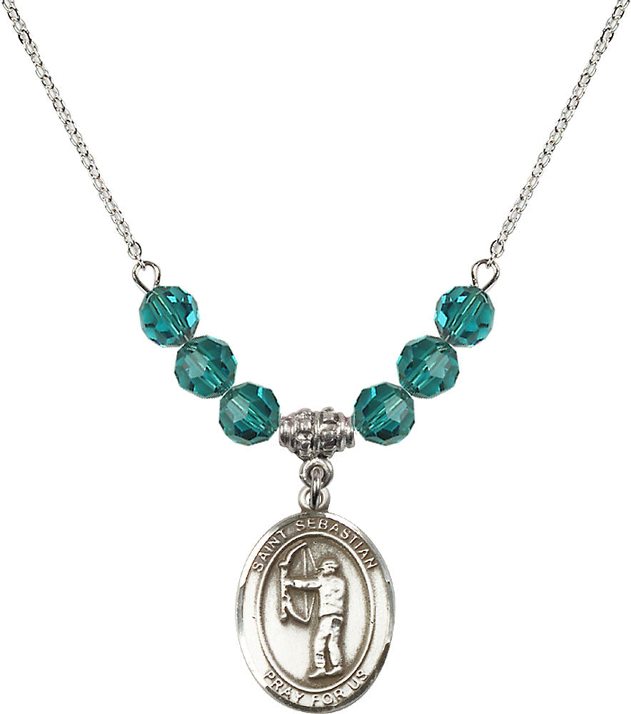 Sterling Silver Saint Sebastian / Archery Birthstone Necklace with Zircon Beads - 8189