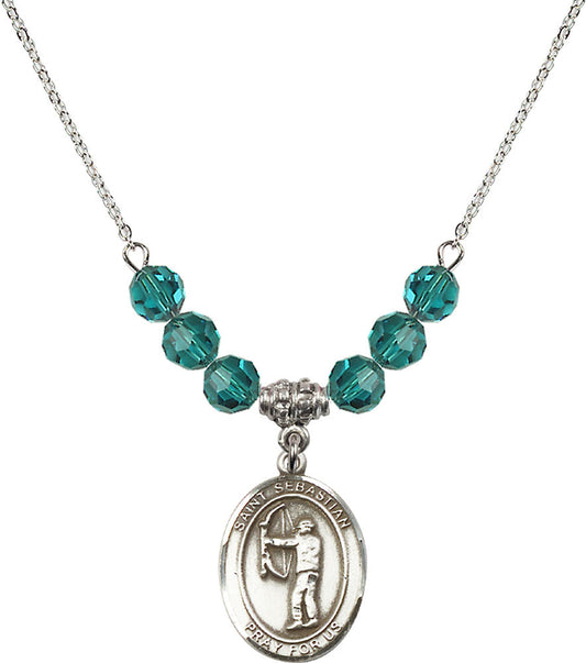 Sterling Silver Saint Sebastian / Archery Birthstone Necklace with Zircon Beads - 8189