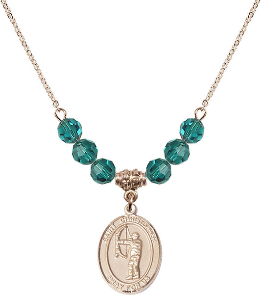 14kt Gold Filled Saint Christopher/Archery Birthstone Necklace with Zircon Beads - 8190