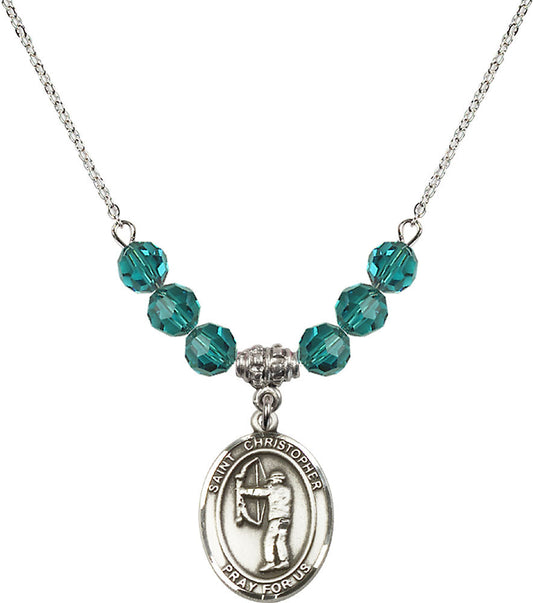 Sterling Silver Saint Christopher/Archery Birthstone Necklace with Zircon Beads - 8190