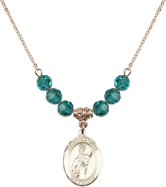 14kt Gold Filled Saint Sebastian / Rodeo Birthstone Necklace with Zircon Beads - 8191