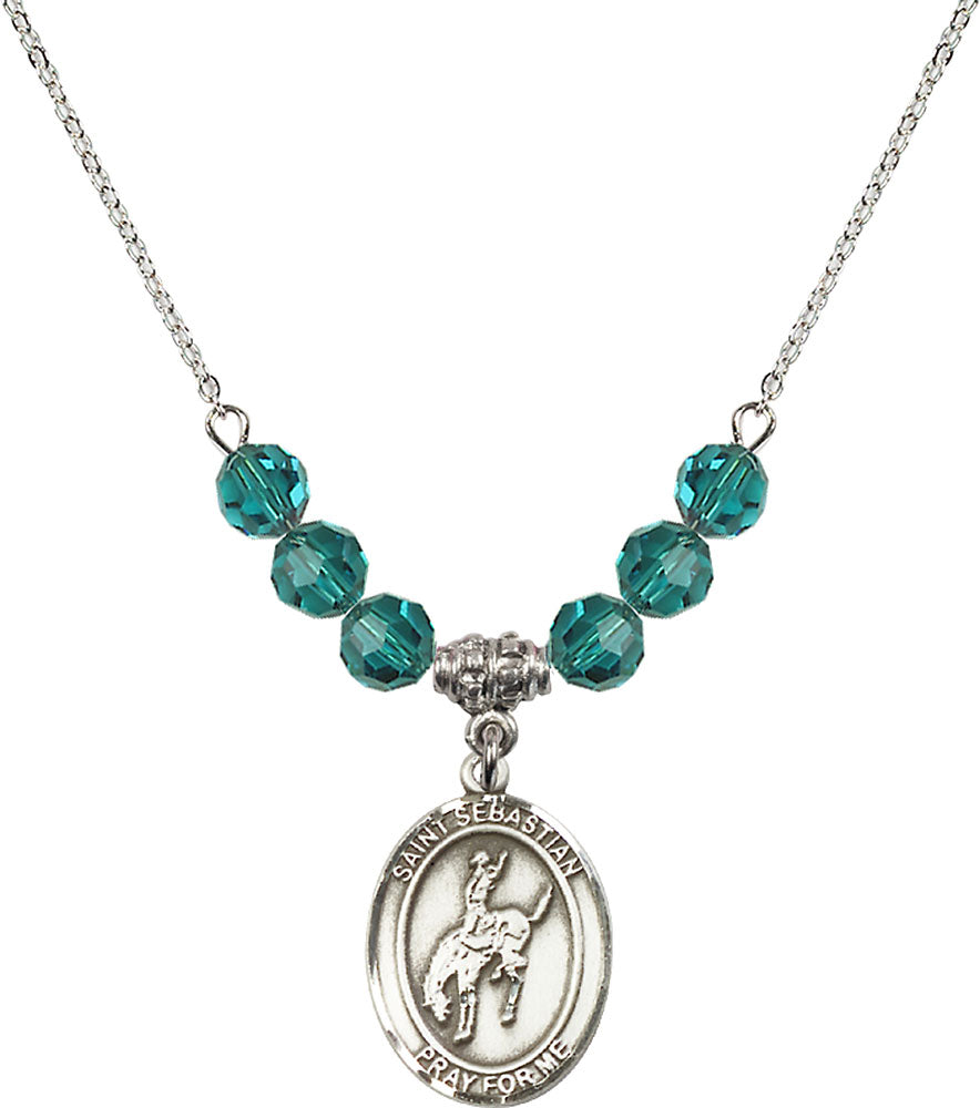 Sterling Silver Saint Sebastian / Rodeo Birthstone Necklace with Zircon Beads - 8191