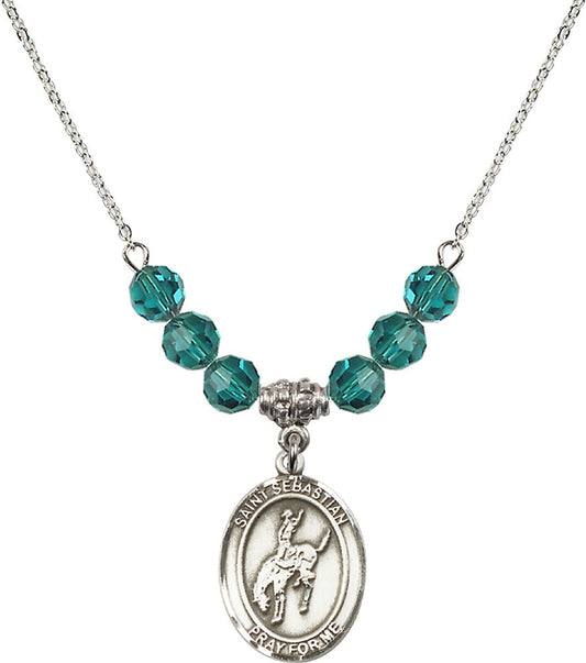 Sterling Silver Saint Sebastian / Rodeo Birthstone Necklace with Zircon Beads - 8191