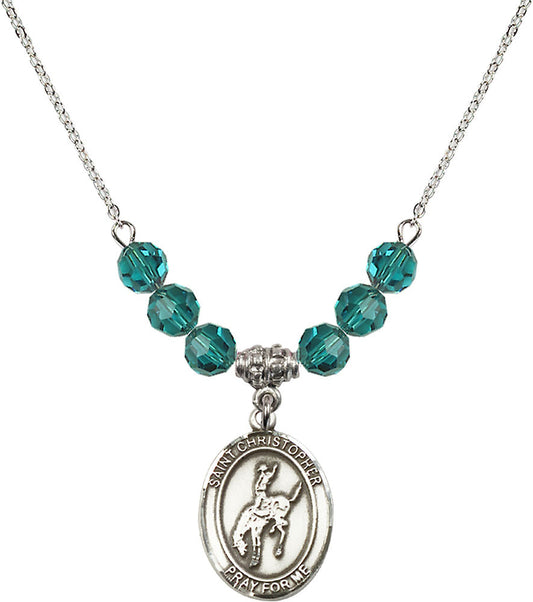 Sterling Silver Saint Christopher / Rodeo Birthstone Necklace with Zircon Beads - 8192