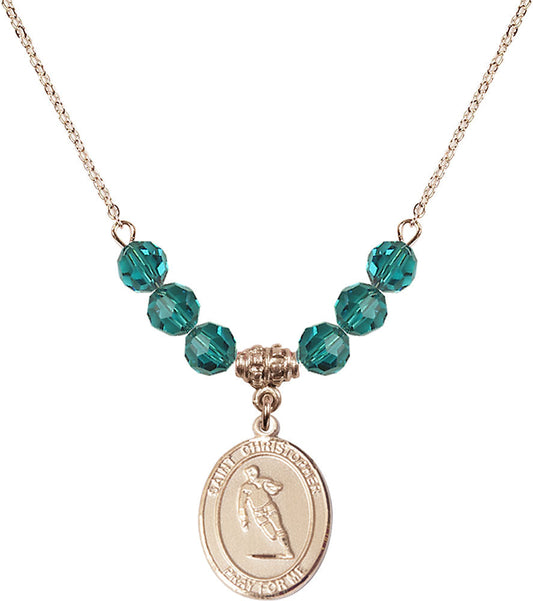 14kt Gold Filled Saint Christopher / Rugby Birthstone Necklace with Zircon Beads - 8194