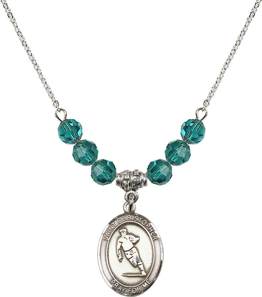 Sterling Silver Saint Christopher / Rugby Birthstone Necklace with Zircon Beads - 8194