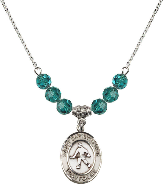 Sterling Silver Saint Christopher / Field Hockey Birthstone Necklace with Zircon Beads - 8195