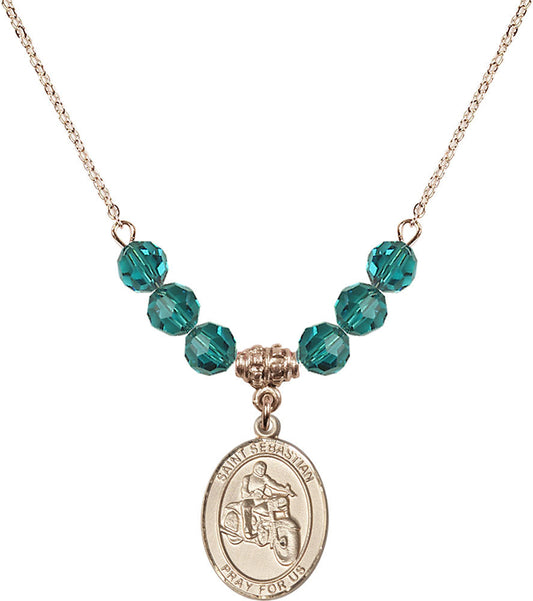 14kt Gold Filled Saint Sebastian / Motorcycle Birthstone Necklace with Zircon Beads - 8197
