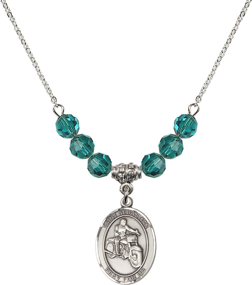 Sterling Silver Saint Sebastian / Motorcycle Birthstone Necklace with Zircon Beads - 8197