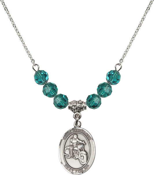 Sterling Silver Saint Sebastian / Motorcycle Birthstone Necklace with Zircon Beads - 8197