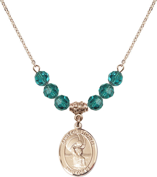 14kt Gold Filled Saint Christopher/Water Polo-Men Birthstone Necklace with Zircon Beads - 8198