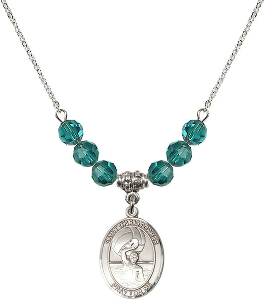 Sterling Silver Saint Christopher/Water Polo-Men Birthstone Necklace with Zircon Beads - 8198