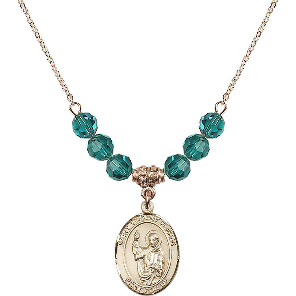 14kt Gold Filled Saint Vincent Ferrer Birthstone Necklace with Zircon Beads - 8201