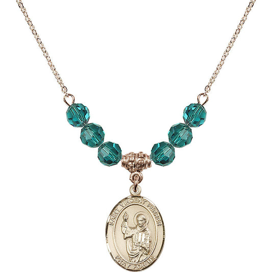 14kt Gold Filled Saint Vincent Ferrer Birthstone Necklace with Zircon Beads - 8201