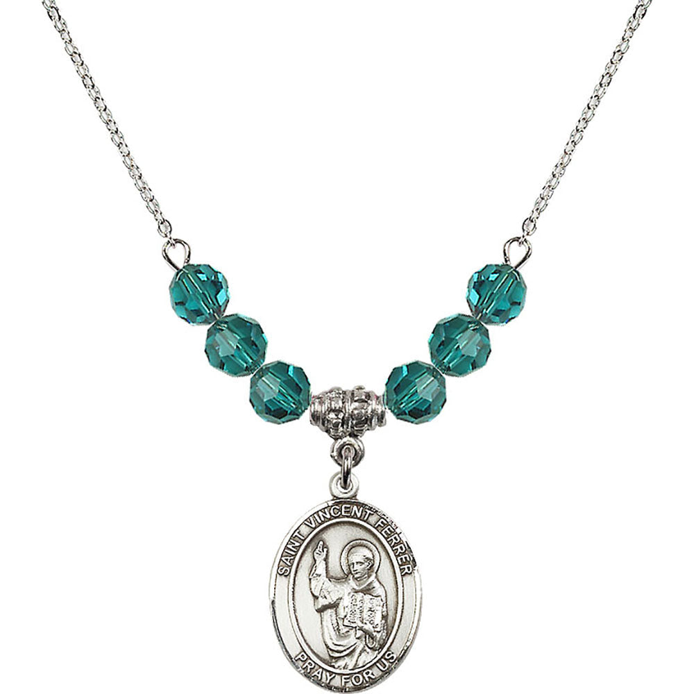 Sterling Silver Saint Vincent Ferrer Birthstone Necklace with Zircon Beads - 8201
