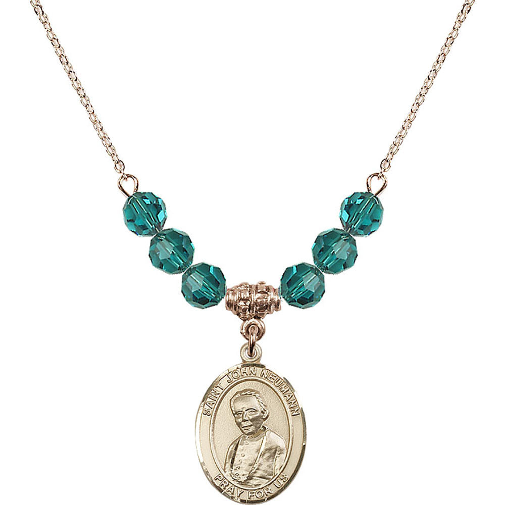 14kt Gold Filled Saint John Neumann Birthstone Necklace with Zircon Beads - 8204