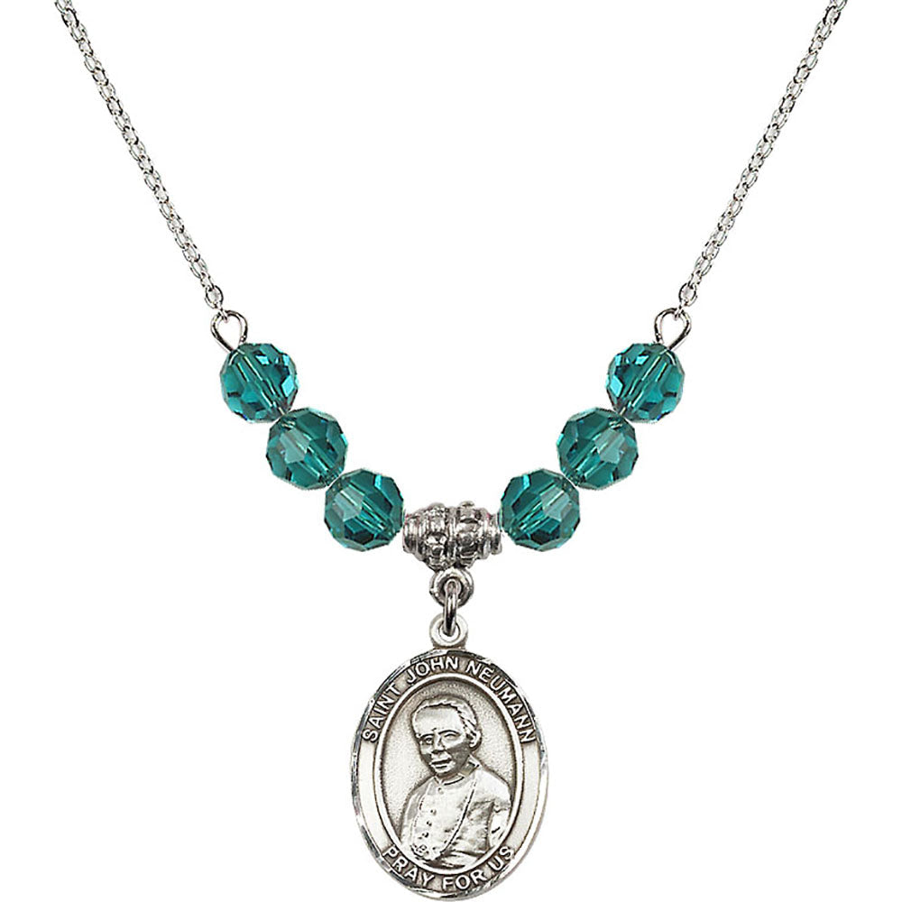 Sterling Silver Saint John Neumann Birthstone Necklace with Zircon Beads - 8204