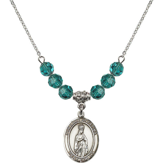 Sterling Silver Our Lady of Fatima Birthstone Necklace with Zircon Beads - 8205