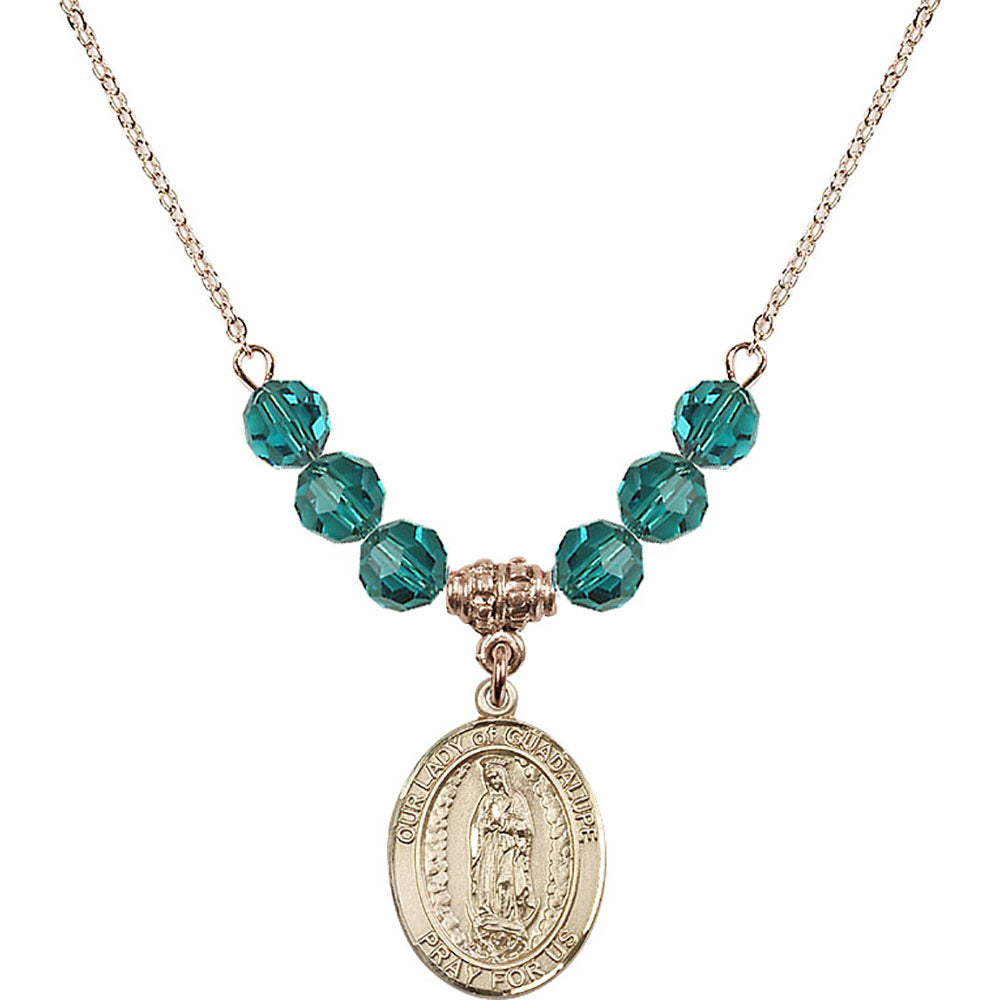 14kt Gold Filled Our Lady of Guadalupe Birthstone Necklace with Zircon Beads - 8206