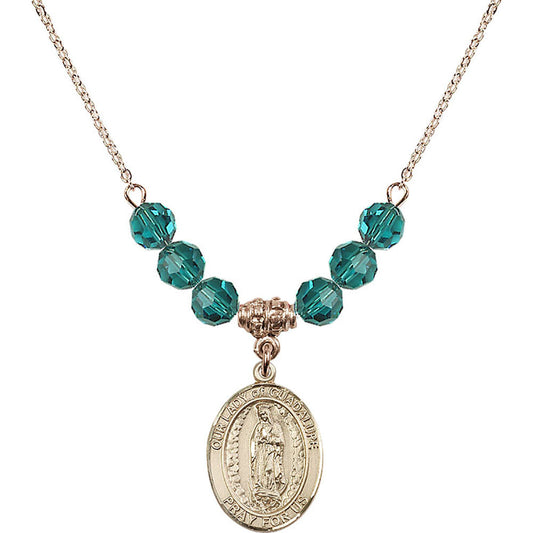 14kt Gold Filled Our Lady of Guadalupe Birthstone Necklace with Zircon Beads - 8206