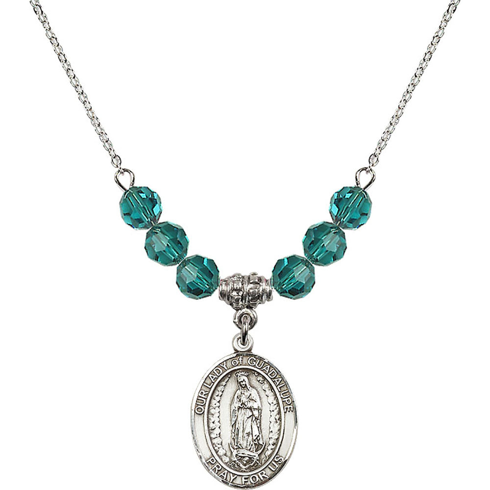 Sterling Silver Our Lady of Guadalupe Birthstone Necklace with Zircon Beads - 8206