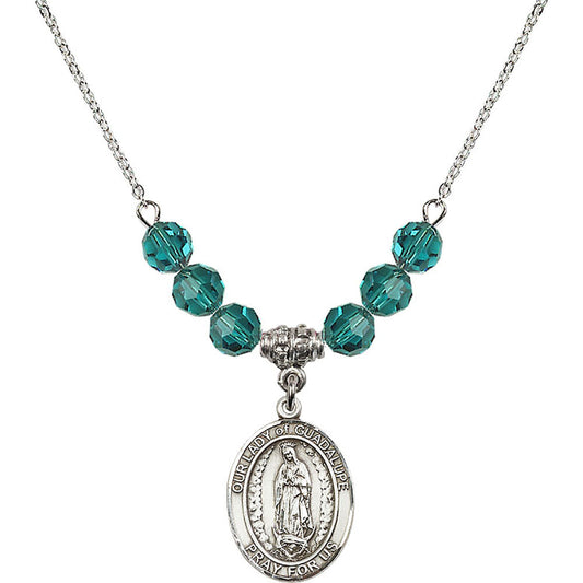 Sterling Silver Our Lady of Guadalupe Birthstone Necklace with Zircon Beads - 8206